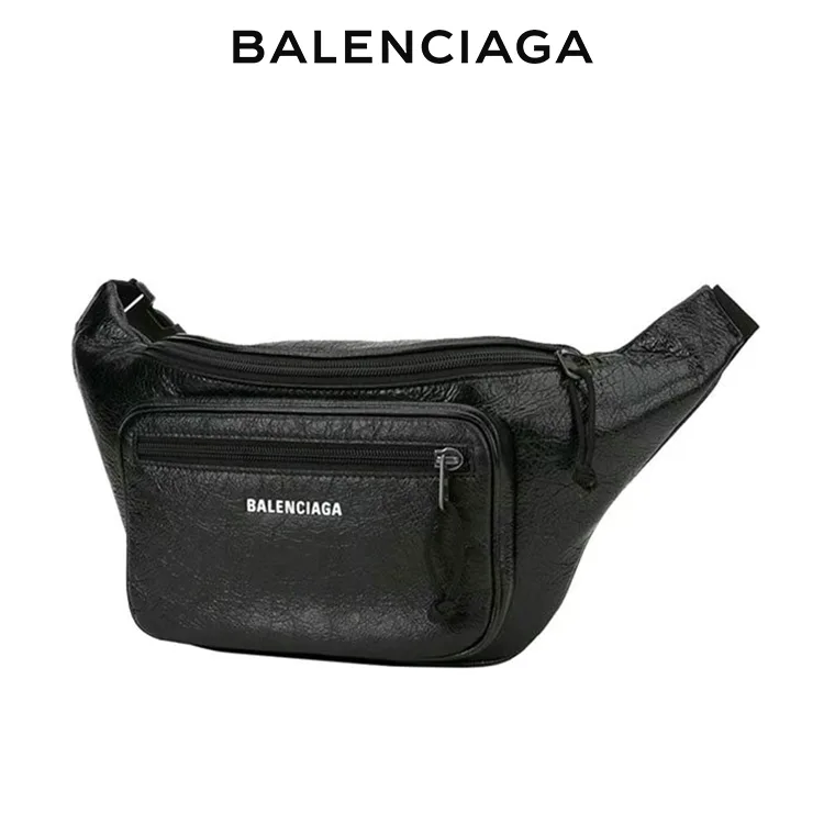 BALENCIAGA巴黎世家EXPLORER品牌標識荔枝紋黑色小牛皮腰包