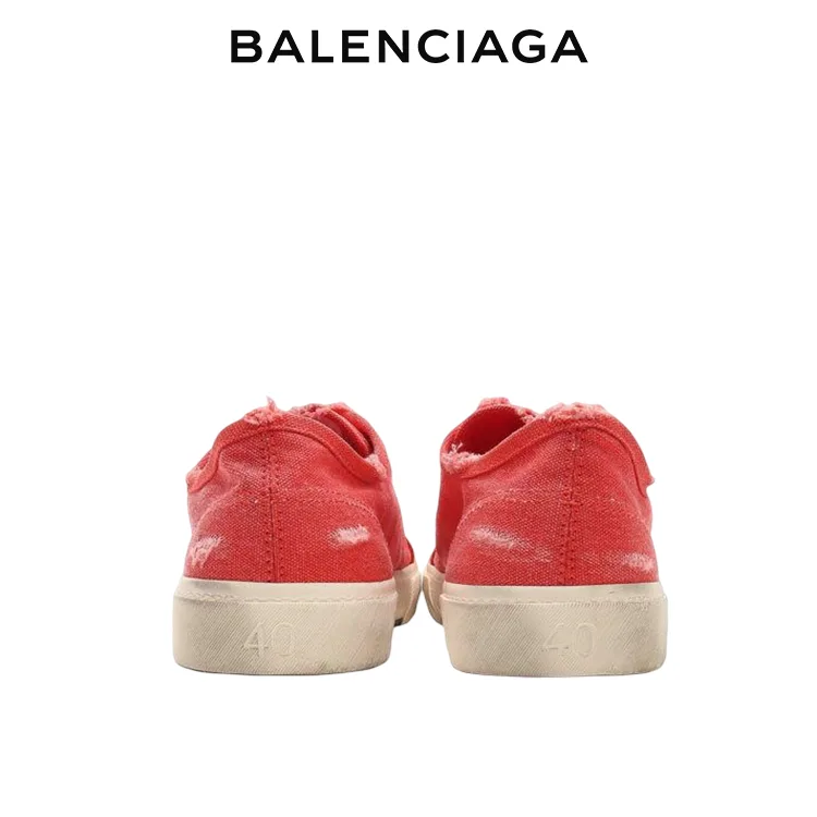 BALENCIAGA巴黎世家PARIS磨損效果休閒低筒紅色帆布鞋 男女同款