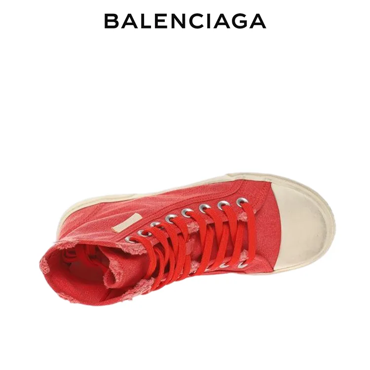 BALENCIAGA巴黎世家PARIS磨損效果休閒高筒紅色帆布鞋 男女同款