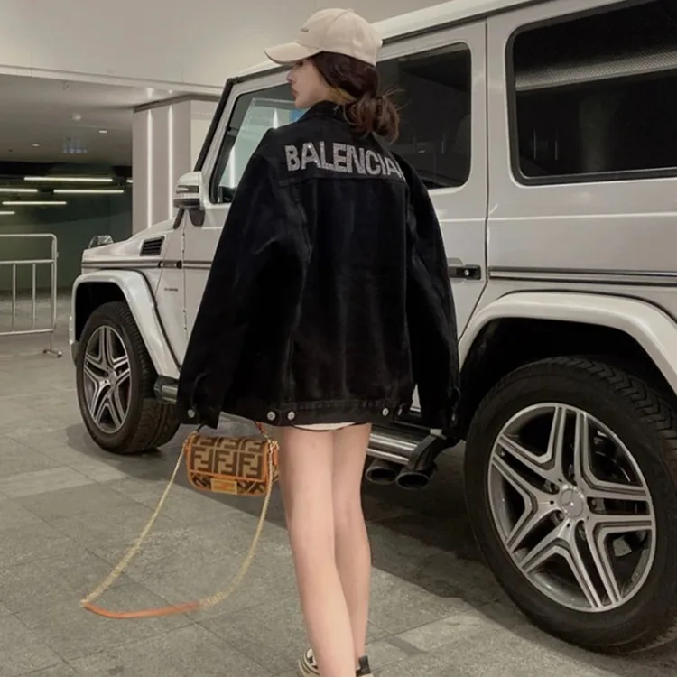 BALENCIAGA巴黎世家後背水鑽燙鑽LOGO字母牛仔外套