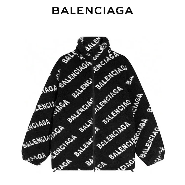 BALENCIAGA巴黎世家滿印LOGO羊羔毛拉鏈外套