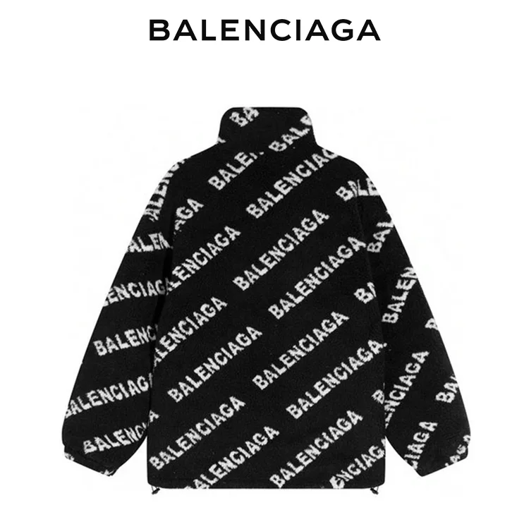 BALENCIAGA巴黎世家滿印LOGO羊羔毛拉鏈外套