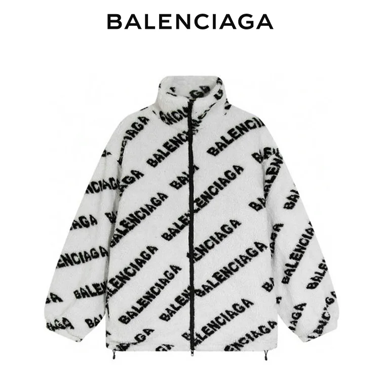 BALENCIAGA巴黎世家滿印LOGO羊羔毛拉鏈外套