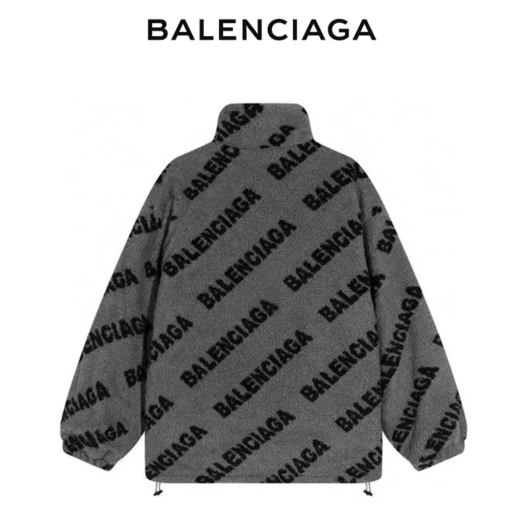 BALENCIAGA巴黎世家滿印LOGO羊羔毛拉鏈外套