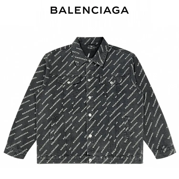 BALENCIAGA巴黎世家ALLOVER LOGO水洗黑色牛仔外套