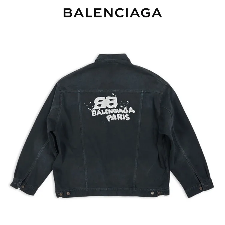 BALENCIAGA巴黎世家BB PARIS雙B塗鴉印花水洗牛仔外套