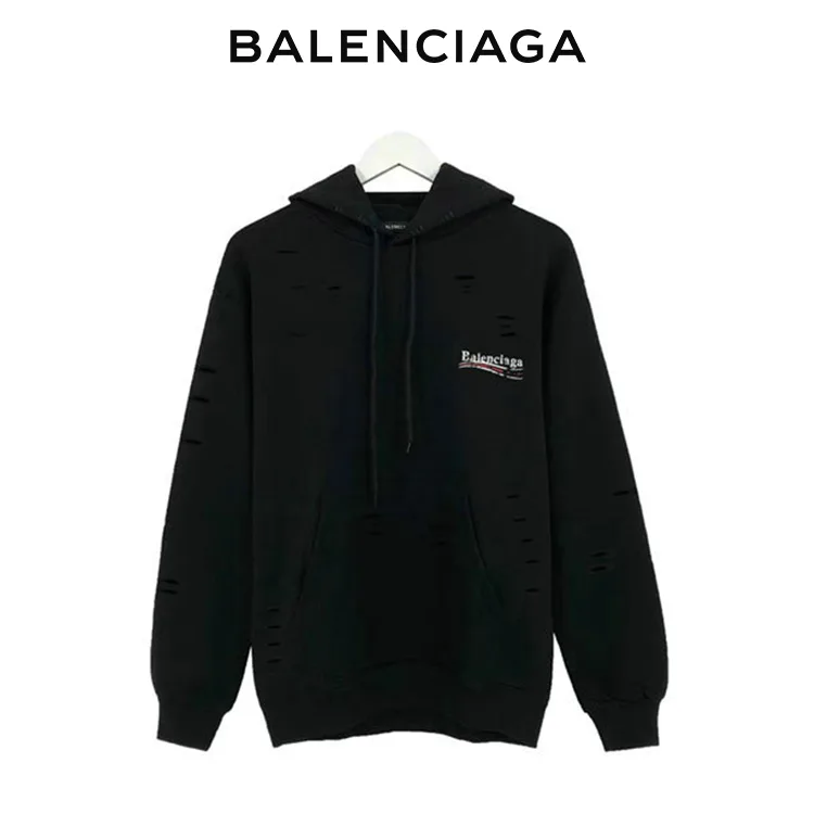 BALENCIAGA巴黎世家刺繡可樂海浪字母LOGO破壞破洞衛衣連帽衫