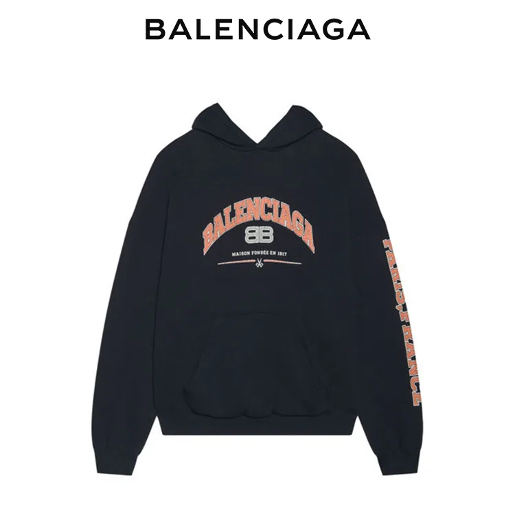 BALENCIAGA巴黎世家BB剪刀橙色LOGO加絨連帽衛衣