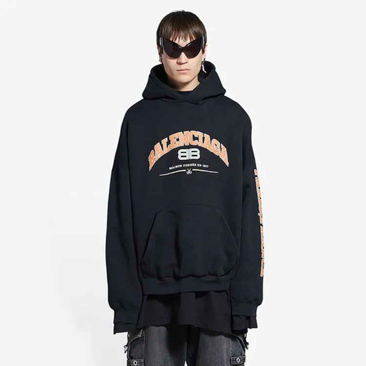 BALENCIAGA巴黎世家BB剪刀橙色LOGO加絨連帽衛衣