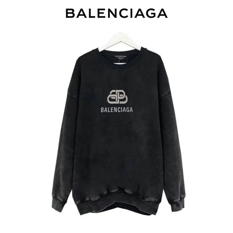 BALENCIAGA巴黎世家經典鎖扣字母印花水洗做舊圓領衛衣