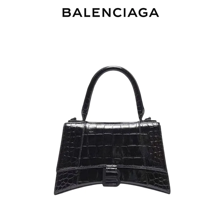 BALENCIAGA巴黎世家HOURGLASS女士黑扣沙漏包黑色鱷魚紋單肩手提包