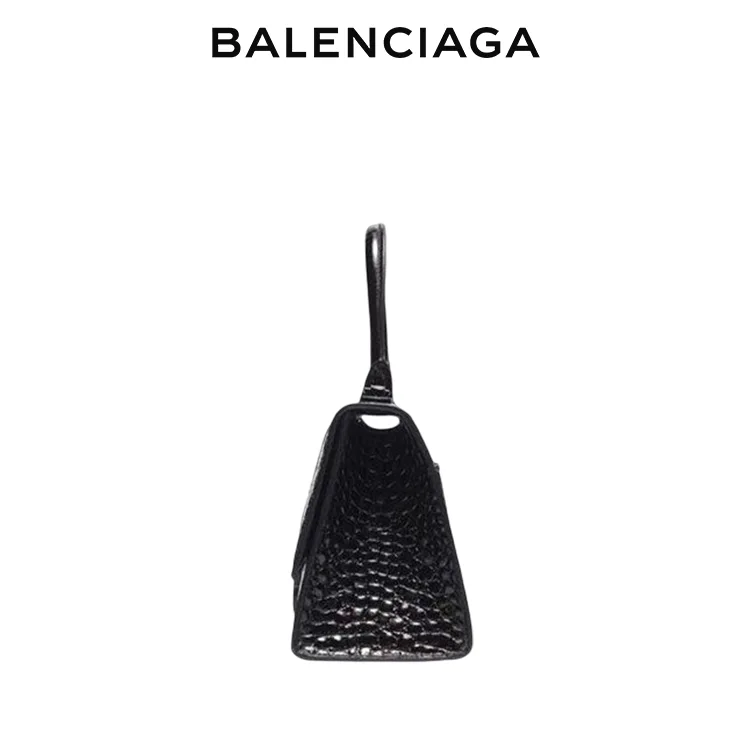 BALENCIAGA巴黎世家HOURGLASS女士黑扣沙漏包黑色鱷魚紋單肩手提包