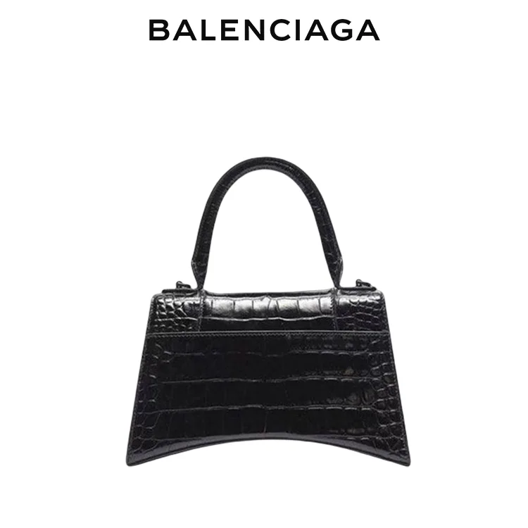 BALENCIAGA巴黎世家HOURGLASS女士黑扣沙漏包黑色鱷魚紋單肩手提包