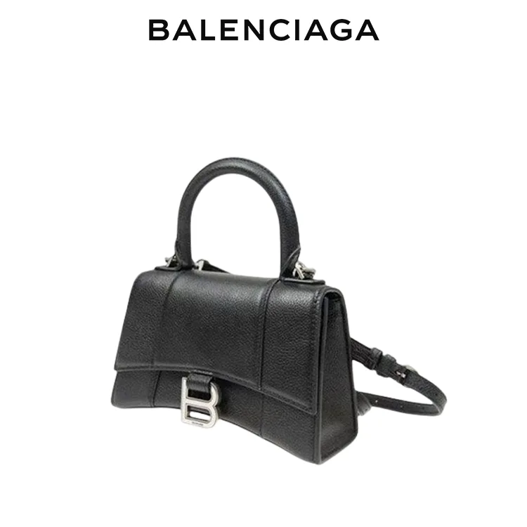 BALENCIAGA巴黎世家HOURGLASS女士小號荔枝紋小牛皮銀扣單肩手提沙漏包