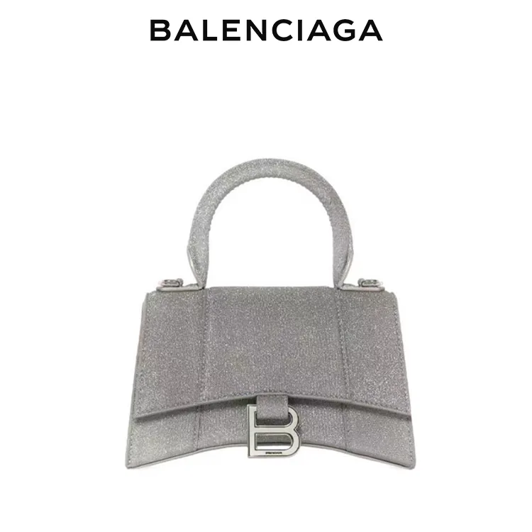 BALENCIAGA巴黎世家HOURGLASS女士小號荔枝紋小牛皮銀扣單肩手提沙漏包