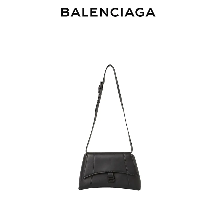 BALENCIAGA巴黎世家DOWNTOWN女士黑扣黑色牛皮革斜挎沙漏包