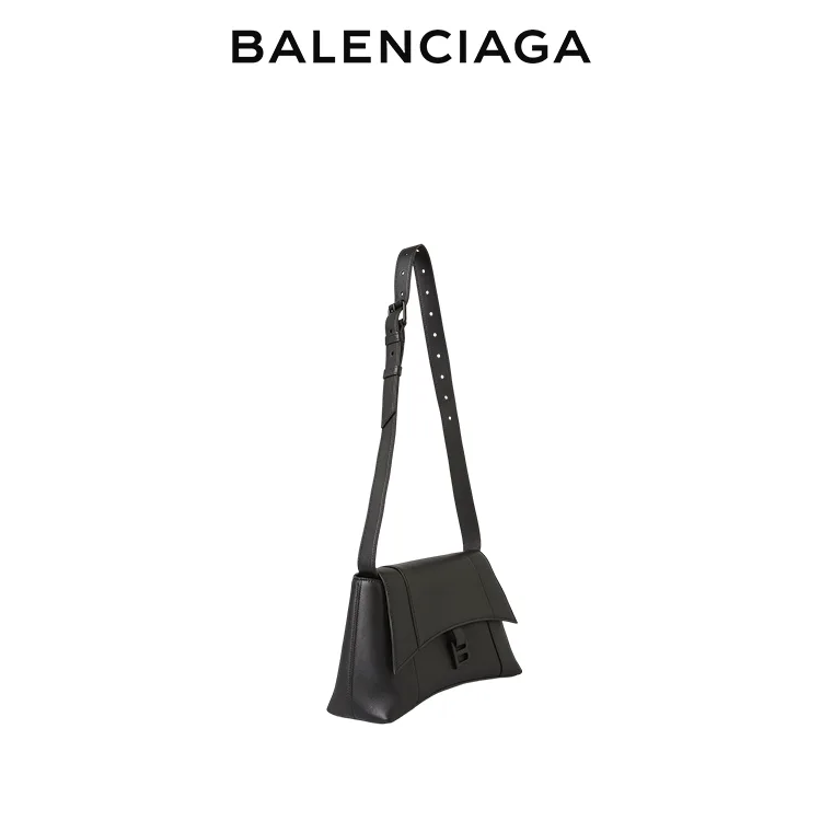 BALENCIAGA巴黎世家DOWNTOWN女士黑扣黑色牛皮革斜挎沙漏包