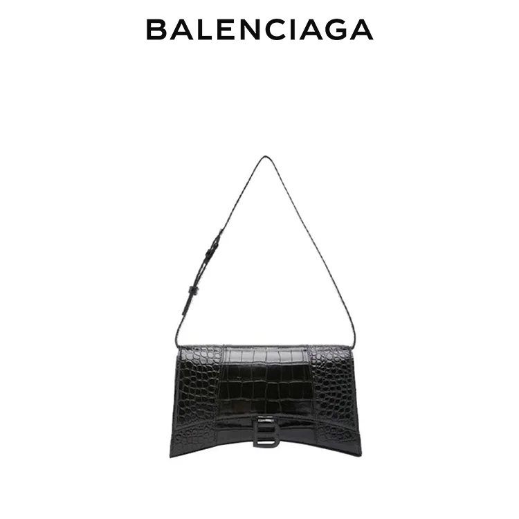 BALENCIAGA巴黎世家DOWNTOWN女士黑色黑扣鱷魚紋小牛皮時尚手提沙漏包