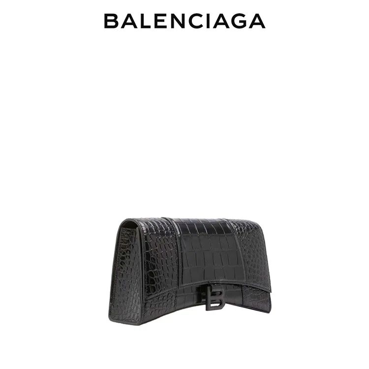 BALENCIAGA巴黎世家DOWNTOWN女士黑色黑扣鱷魚紋小牛皮時尚手提沙漏包