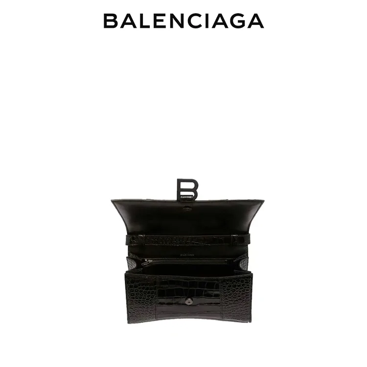 BALENCIAGA巴黎世家DOWNTOWN女士黑色黑扣鱷魚紋小牛皮時尚手提沙漏包