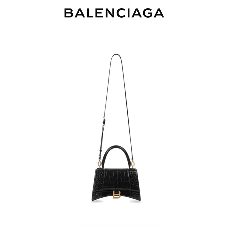 BALENCIAGA巴黎世家HOURGLASS女士金扣鱷魚紋壓花單肩手提沙漏包