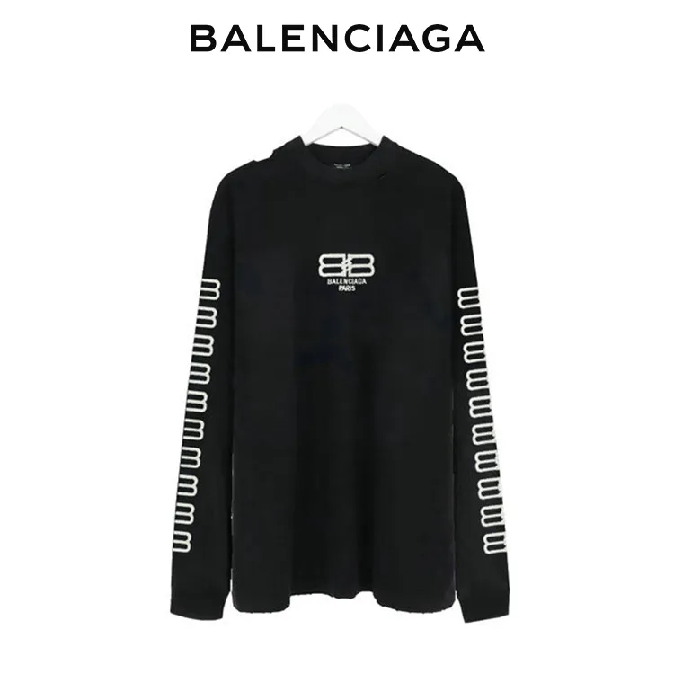 BALENCIAGA巴黎世家BB鎖扣袖子手臂LOGO破壞長袖T恤