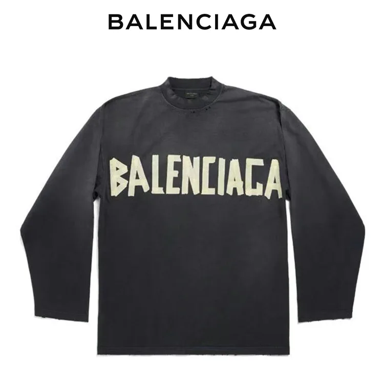 BALENCIAGA巴黎世家前後美紋膠帶LOGO破壞長袖T恤