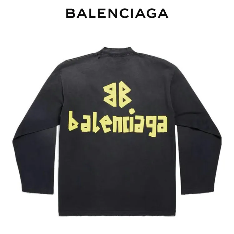 BALENCIAGA巴黎世家前後美紋膠帶LOGO破壞長袖T恤