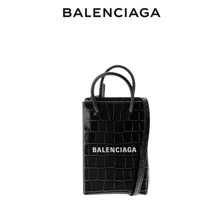 BALENCIAGA巴黎世家SHOPPING女士簡約品牌標識鱷魚紋手機包