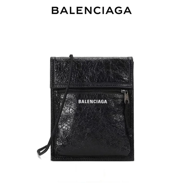 BALENCIAGA巴黎世家經典EXPLORER品牌標識黑色小羊皮斜背包手機包