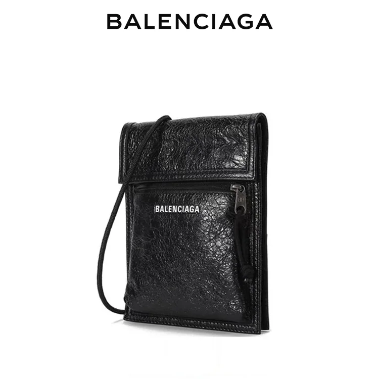 BALENCIAGA巴黎世家經典EXPLORER品牌標識黑色小羊皮斜背包手機包