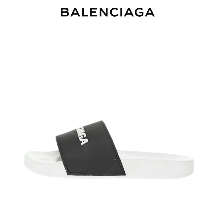 BALENCIAGA巴黎世家POOL品牌標識時尚休閒涼拖鞋 白黑 男女同款