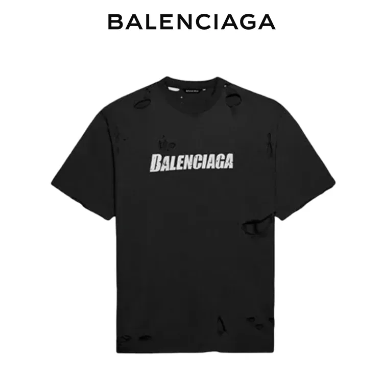 BALENCIAGA巴黎世家破洞做舊字母LOGO圓領短袖T恤