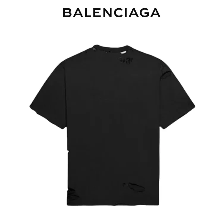 BALENCIAGA巴黎世家破洞做舊字母LOGO圓領短袖T恤