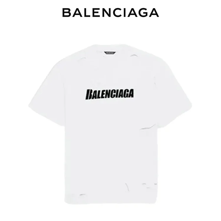 BALENCIAGA巴黎世家破洞做舊字母LOGO圓領短袖T恤