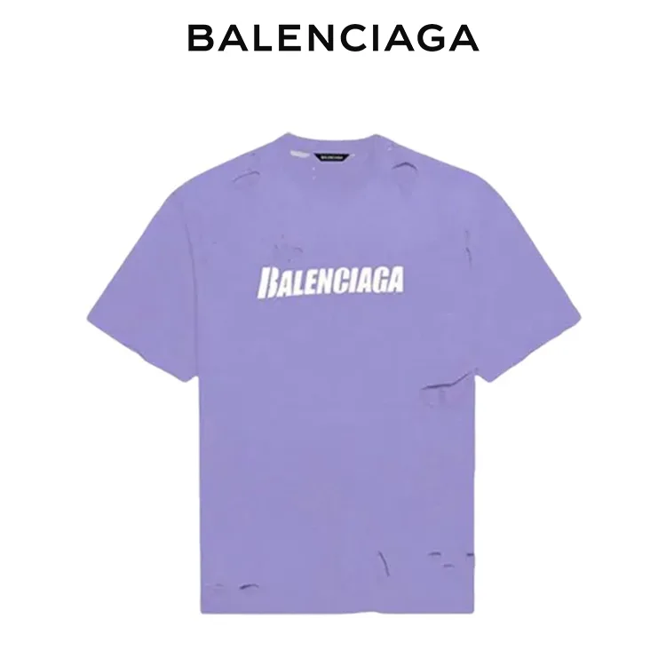 BALENCIAGA巴黎世家破洞做舊字母LOGO圓領短袖T恤