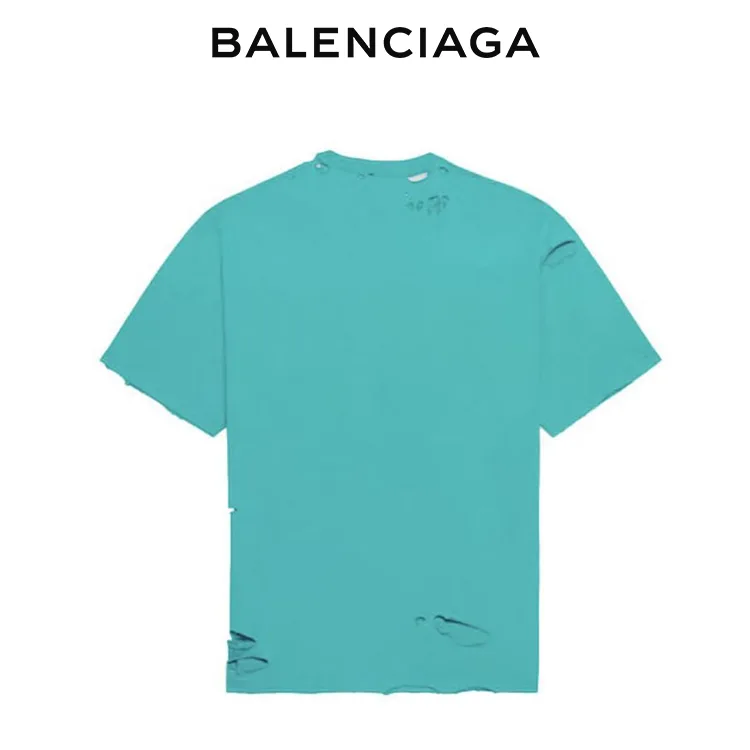 BALENCIAGA巴黎世家破洞做舊字母LOGO圓領短袖T恤