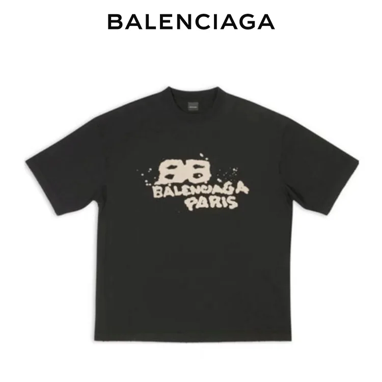 BALENCIAGA巴黎世家新款BB潑墨塗鴉字母LOGO短袖T恤