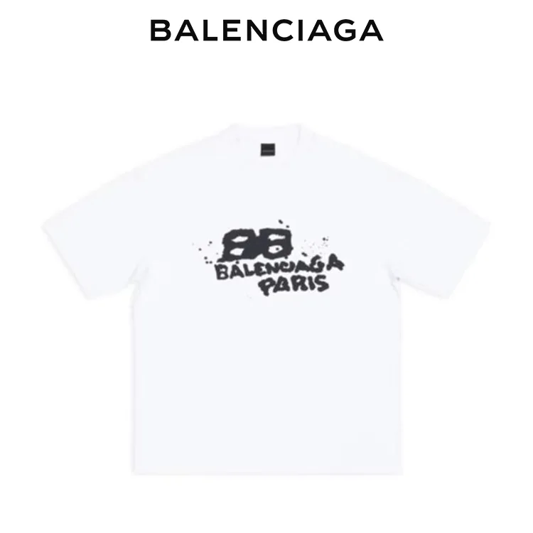 BALENCIAGA巴黎世家新款BB潑墨塗鴉字母LOGO短袖T恤