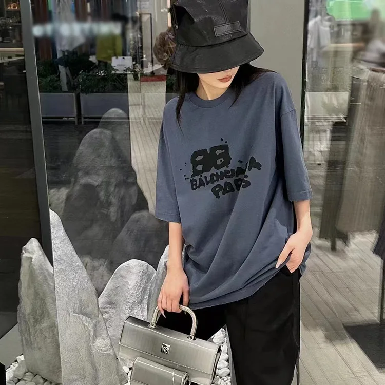 BALENCIAGA巴黎世家新款BB潑墨塗鴉字母LOGO短袖T恤