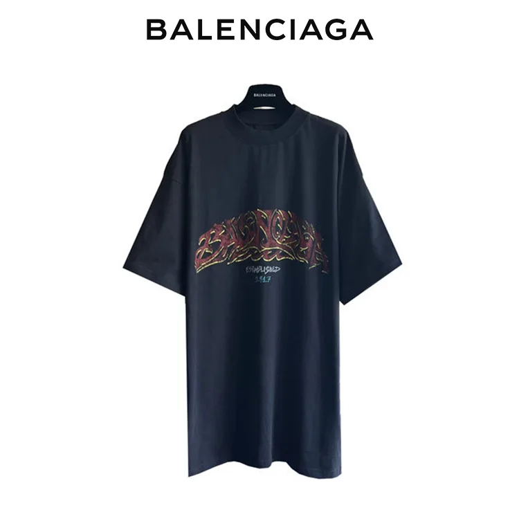 BALENCIAGA巴黎世家秀款時裝週梵文火焰LOGO短袖T恤