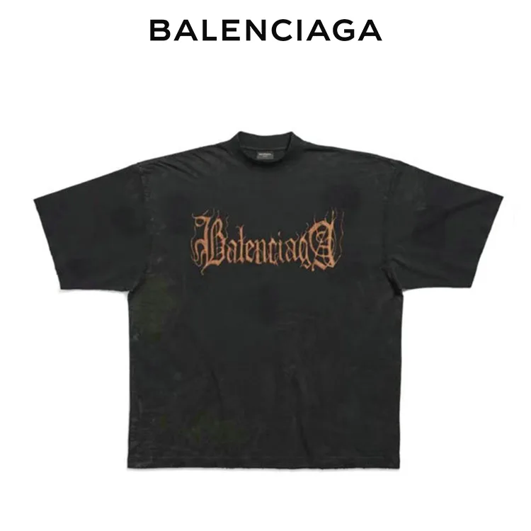 BALENCIAGA巴黎世家泥染做舊梵文塗鴉水洗做舊短袖T恤