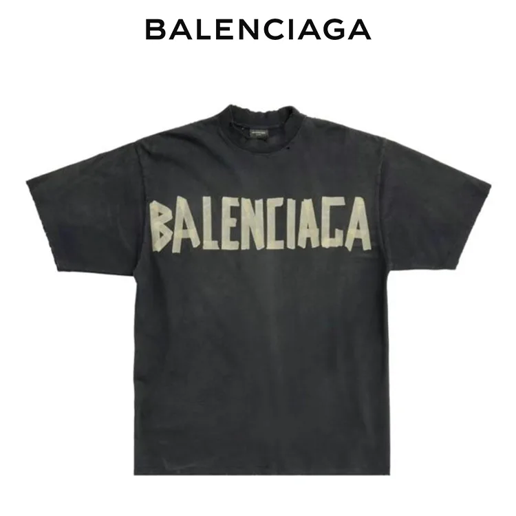 BALENCIAGA巴黎世家前後美紋膠帶LOGO水洗做舊破壞短袖T恤