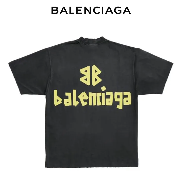 BALENCIAGA巴黎世家前後美紋膠帶LOGO水洗做舊破壞短袖T恤