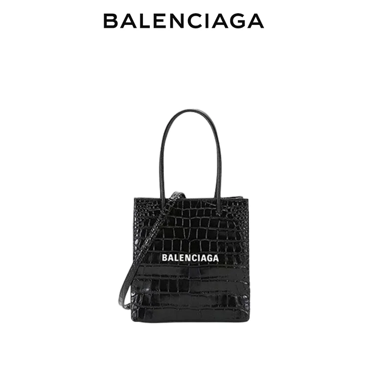 BALENCIAGA巴黎世家SHOPPING女士簡約品牌標識黑色鱷魚紋小號托特包