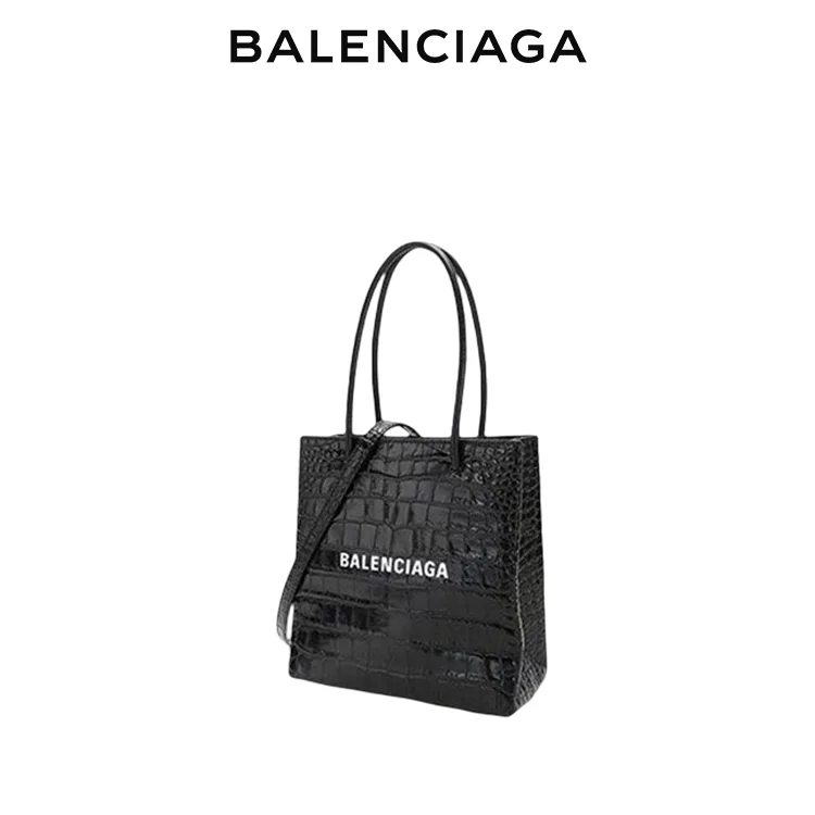 BALENCIAGA巴黎世家SHOPPING女士簡約品牌標識黑色鱷魚紋小號托特包