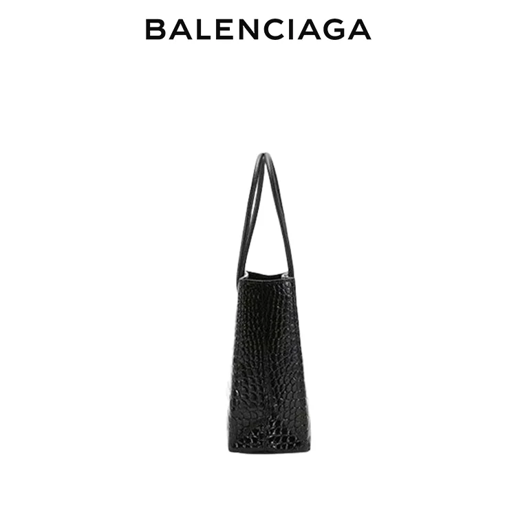 BALENCIAGA巴黎世家SHOPPING女士簡約品牌標識黑色鱷魚紋小號托特包