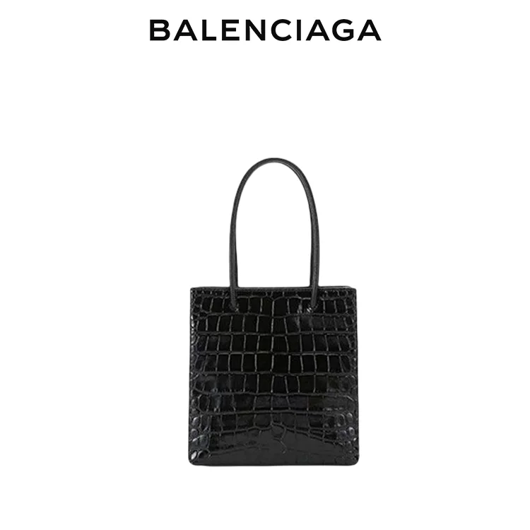 BALENCIAGA巴黎世家SHOPPING女士簡約品牌標識黑色鱷魚紋小號托特包