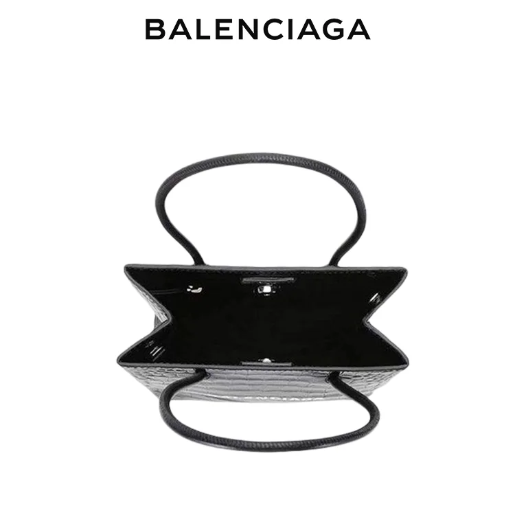 BALENCIAGA巴黎世家SHOPPING女士簡約品牌標識黑色鱷魚紋小號托特包