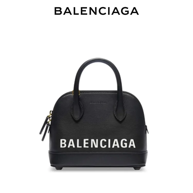 BALENCIAGA巴黎世家VILLE女士黑色品牌標識貝殼包拉鍊開合斜挎手提包